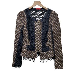 Saint Gil Blazer Jacket Women S‎ Semi Sheer Faux Fur Woven Crochet Lace Ruffle